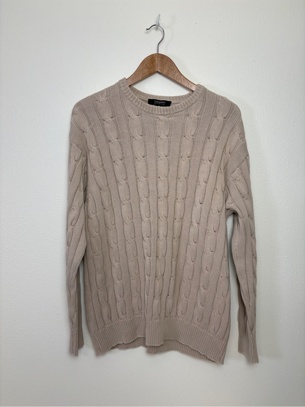 Cable Knit Crewneck Sweater Light Beige Cozy Grandpa Fisherman Layers Outdoor